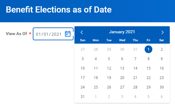 The "Benefits Elections As Of" field with January 1, 2021 selected