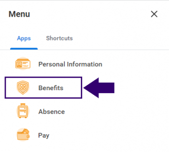 Workday's Menu pane open, with the Benefits icon highlighted