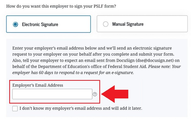 The "Employer's Email Address" field in the PSLF Help Tool from studentaid.gov.